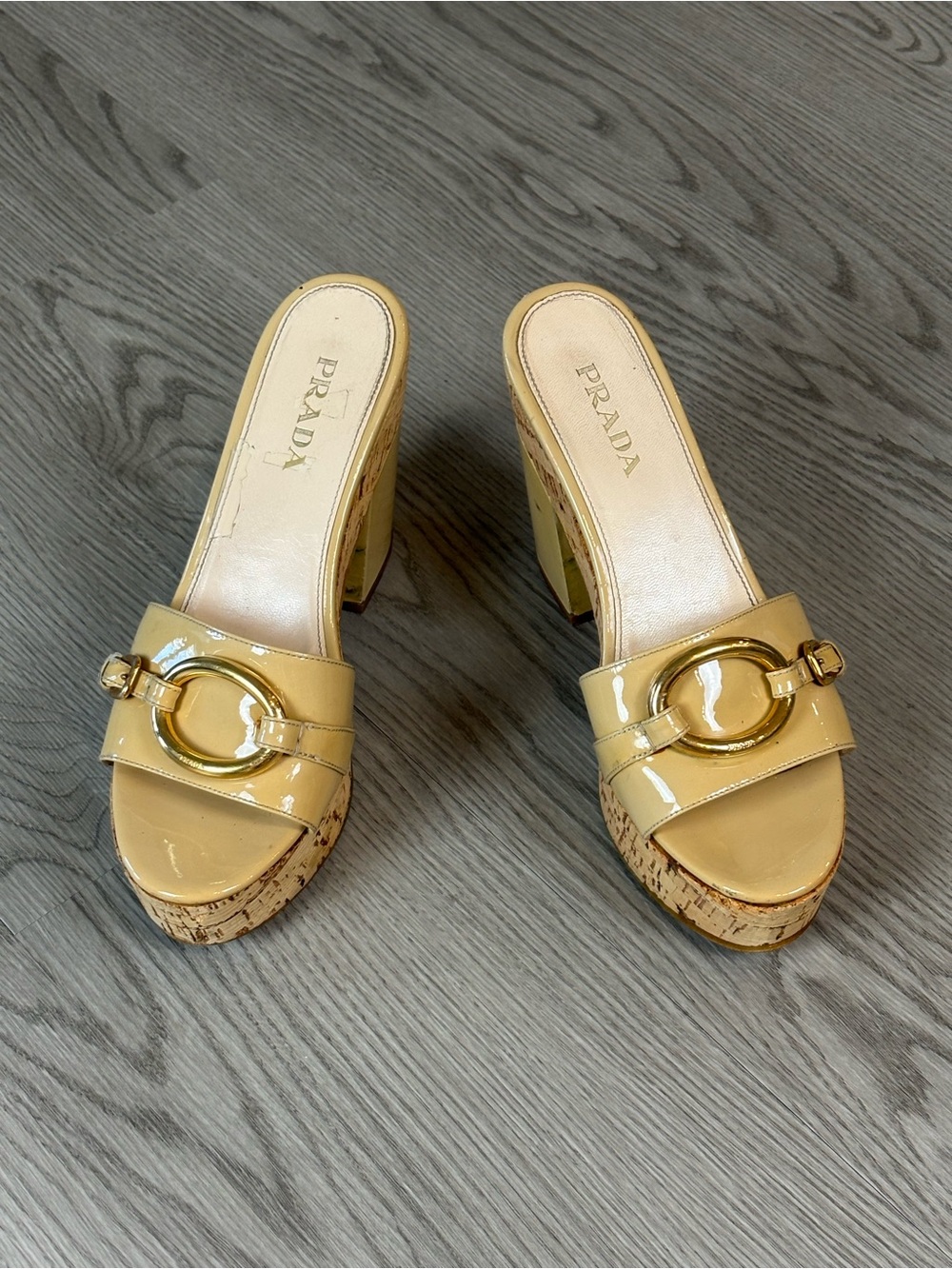 Prada Women's Patent Leather Cork Heel Slide Sandals